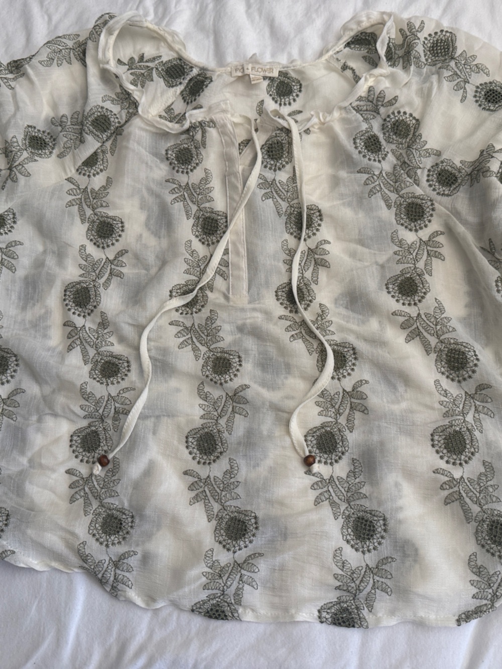 fig and flower Cream Tunic with Army Green Floral Embroidery